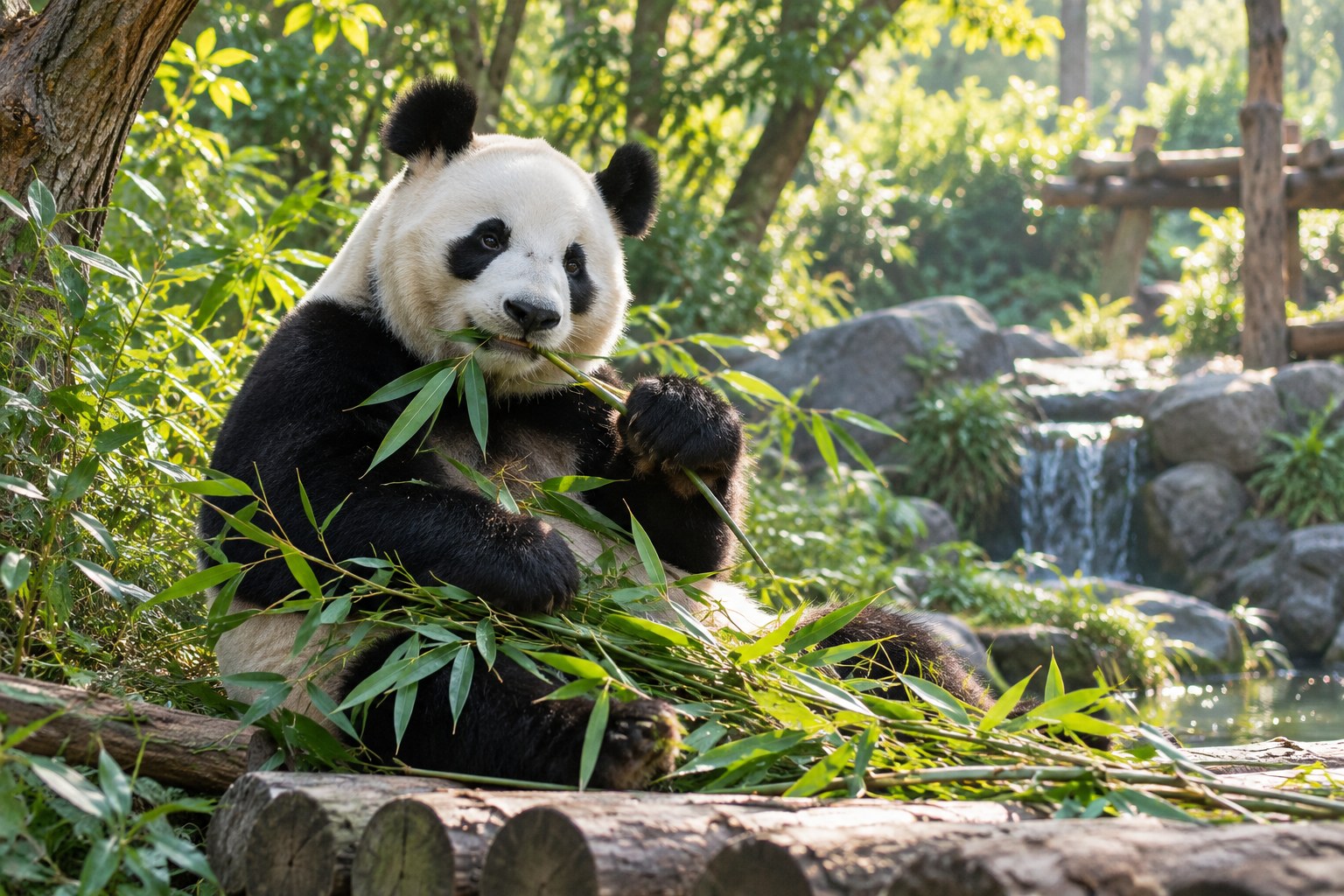 AI test illustration of a giant panda eating bamboo