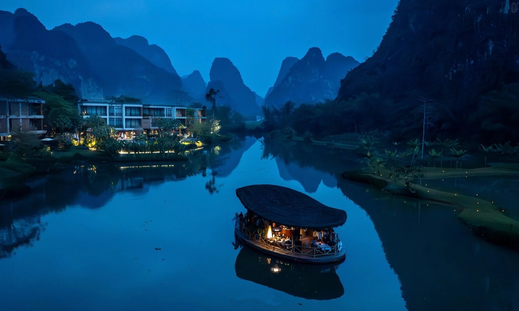 River and karst mountains in Chongzuo at blue hour