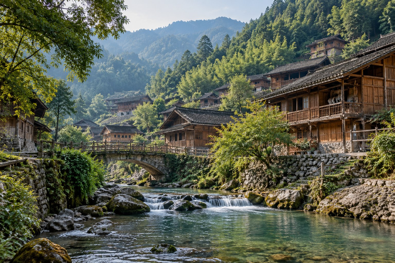 AI test illustration: a rural Guizhou inspired village of traditional timber houses on green hills