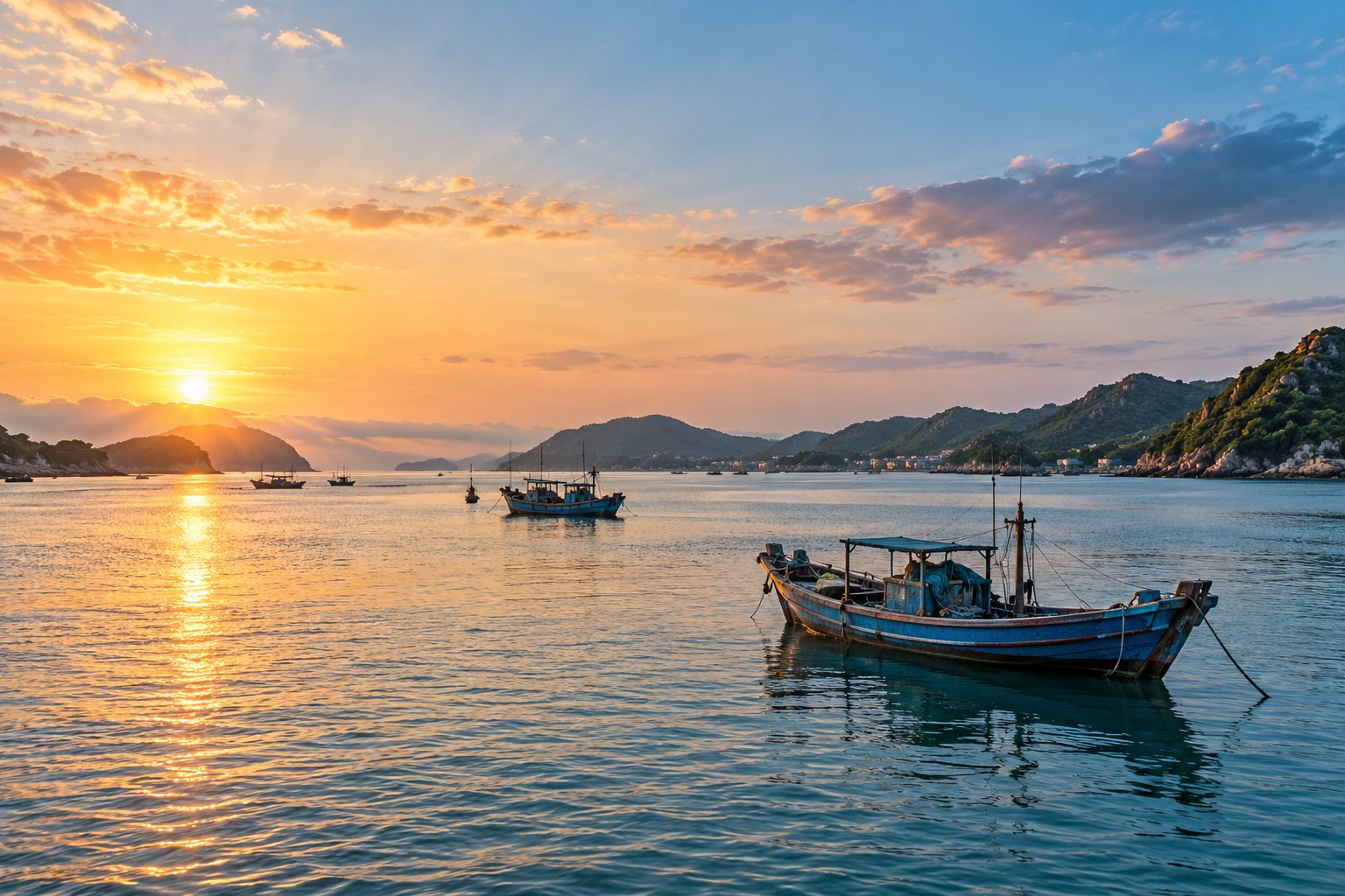 AI test illustration: a southern Chinese coastal bay at sunrise