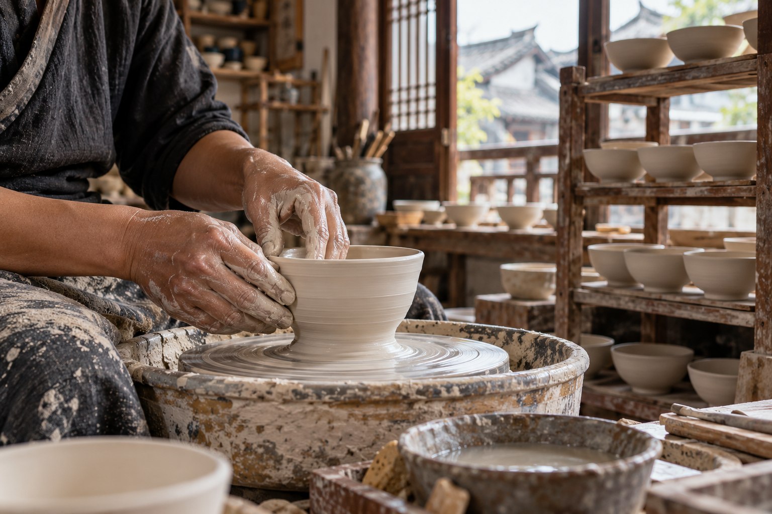 AI test illustration: hands of a ceramic artisan shaping white porcelain on a wheel in a traditional Chinese pottery studio