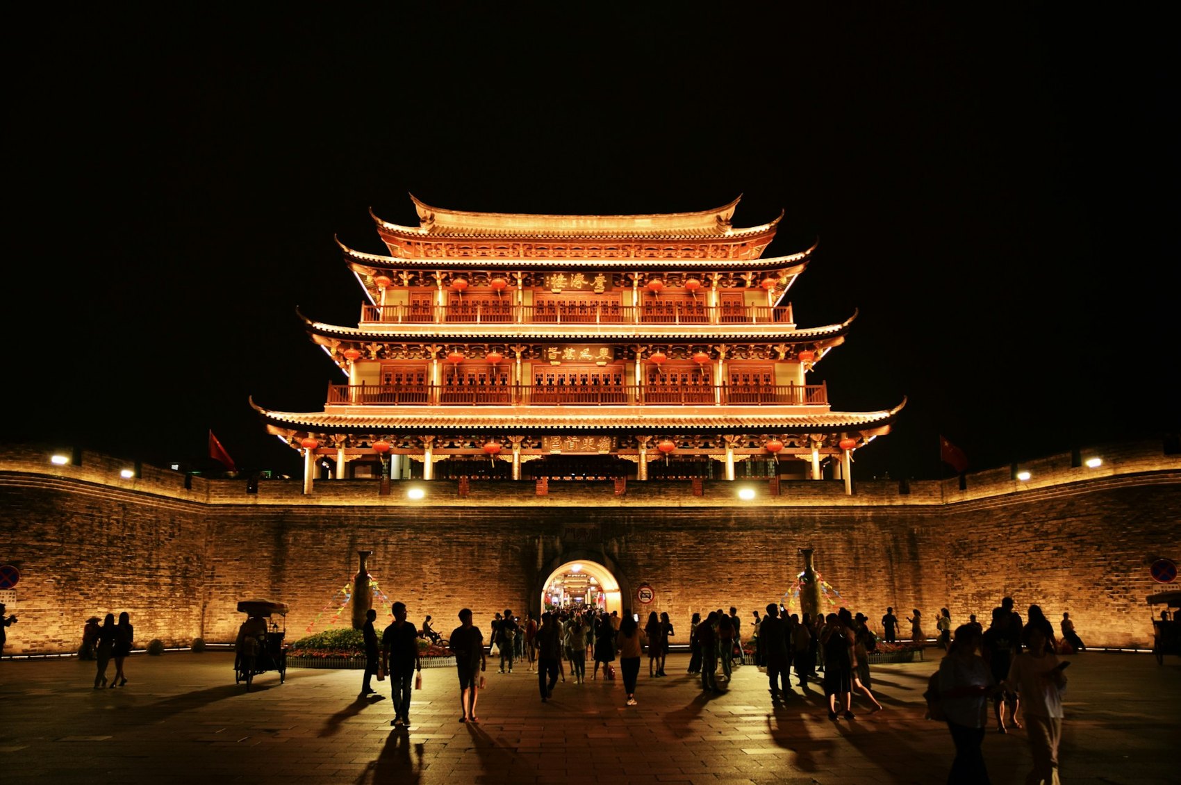 Historic architecture lit at night in the Yangshuo region