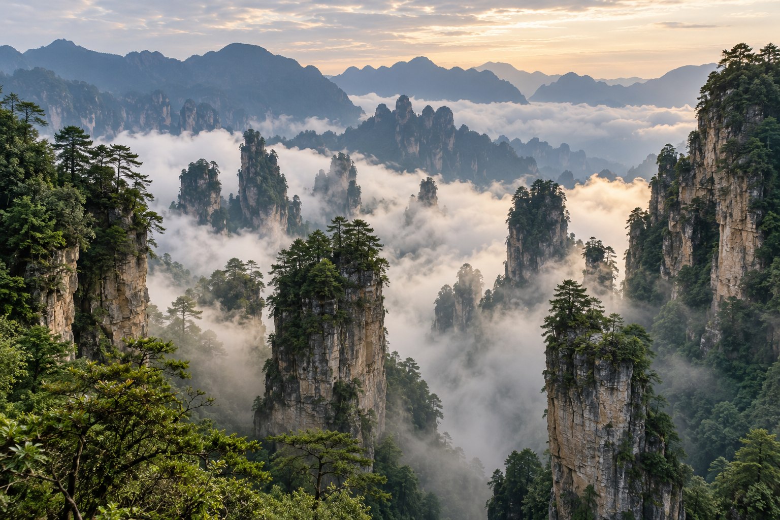 AI test illustration: Zhangjiajie quartz sandstone pillar mountains
