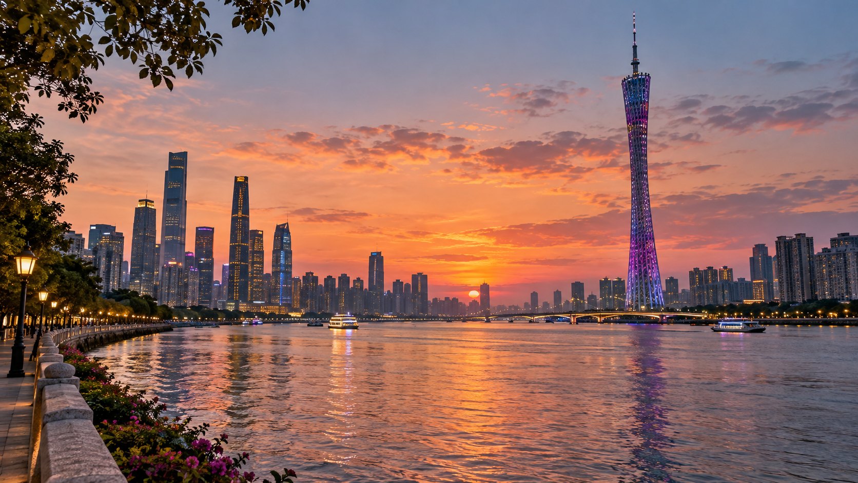 AI test illustration of Guangzhou and the Pearl River at sunset