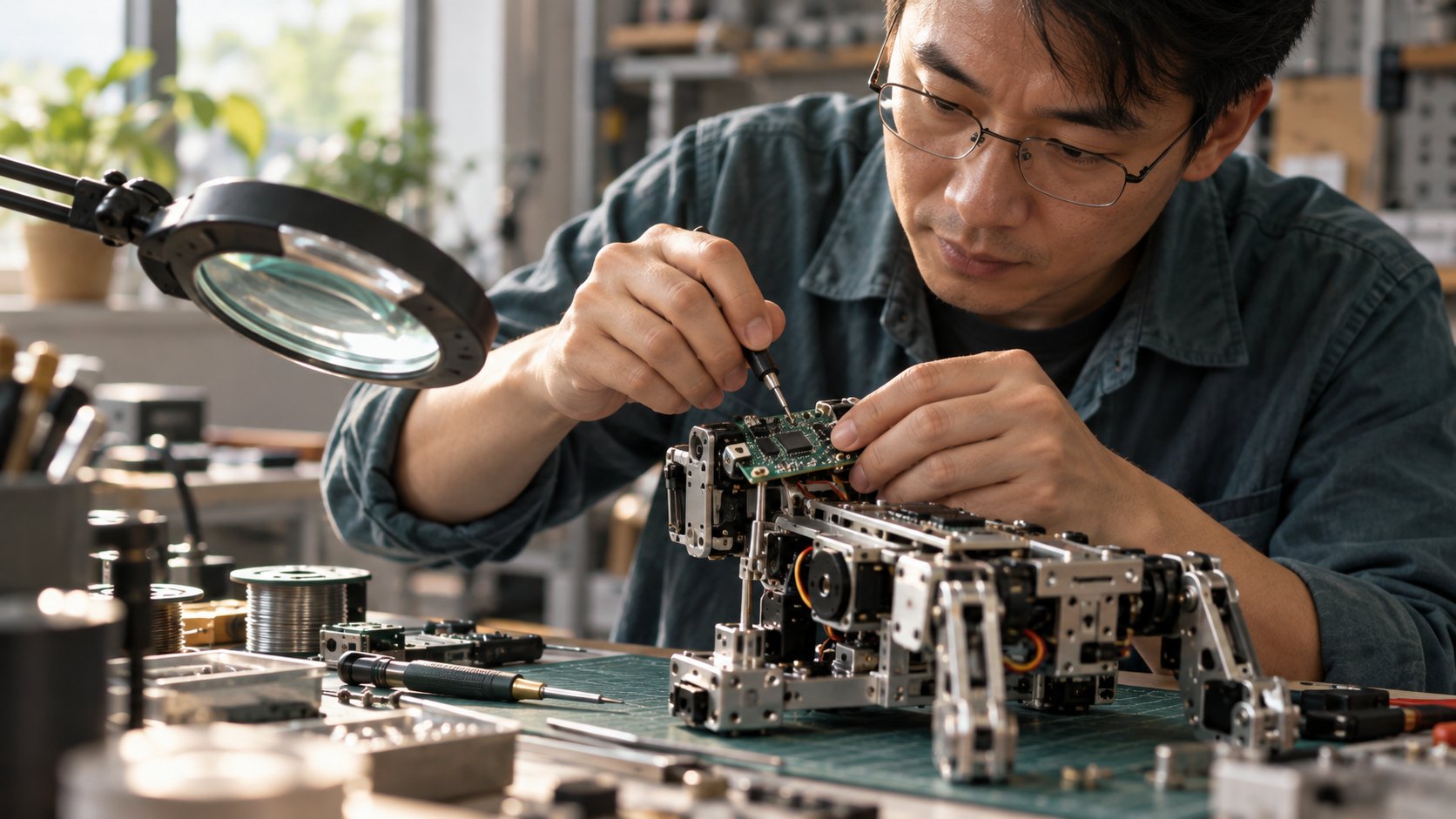 AI test illustration of an engineer working on a robotics prototype