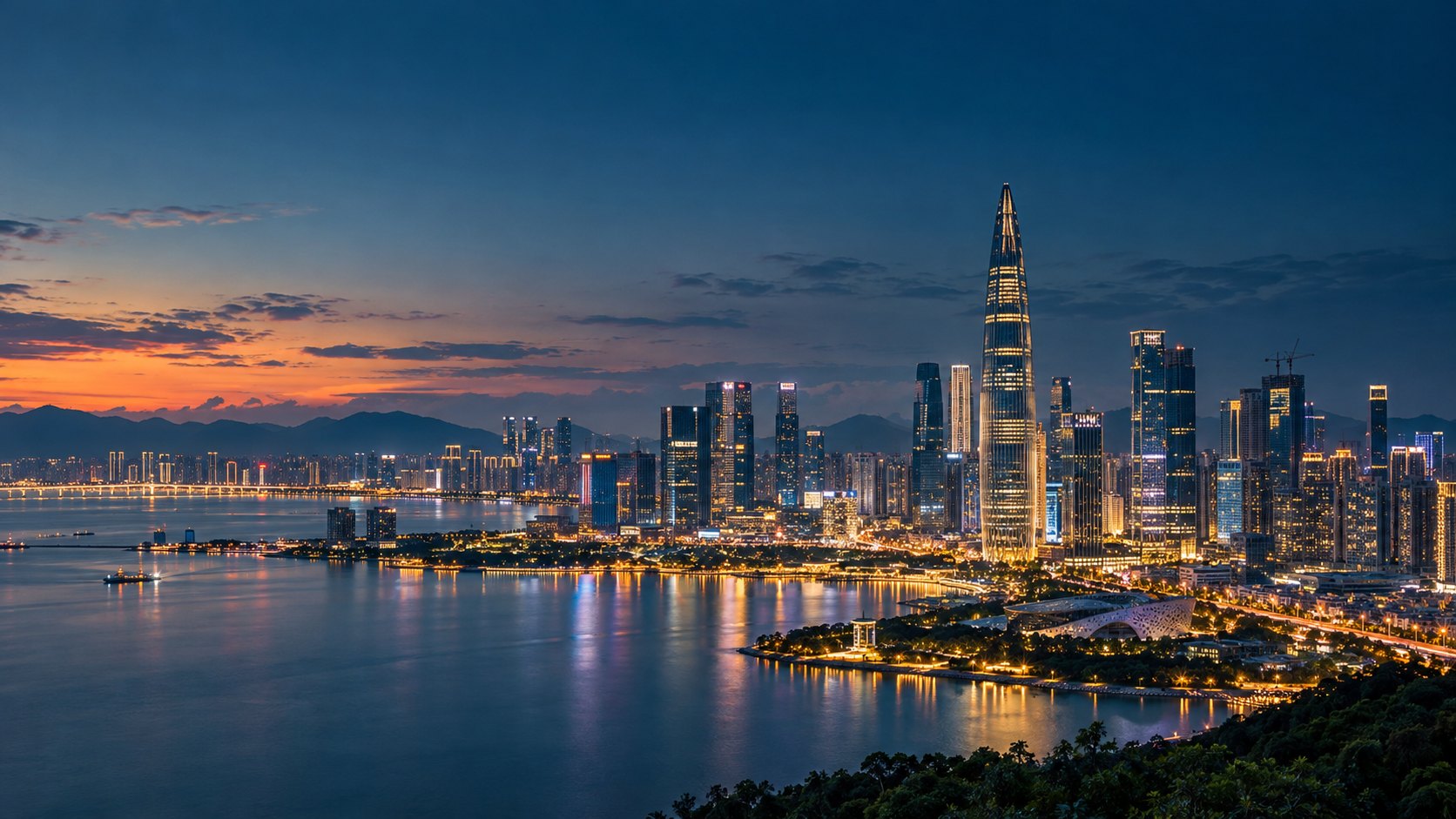 AI test illustration of Shenzhen waterfront at dusk